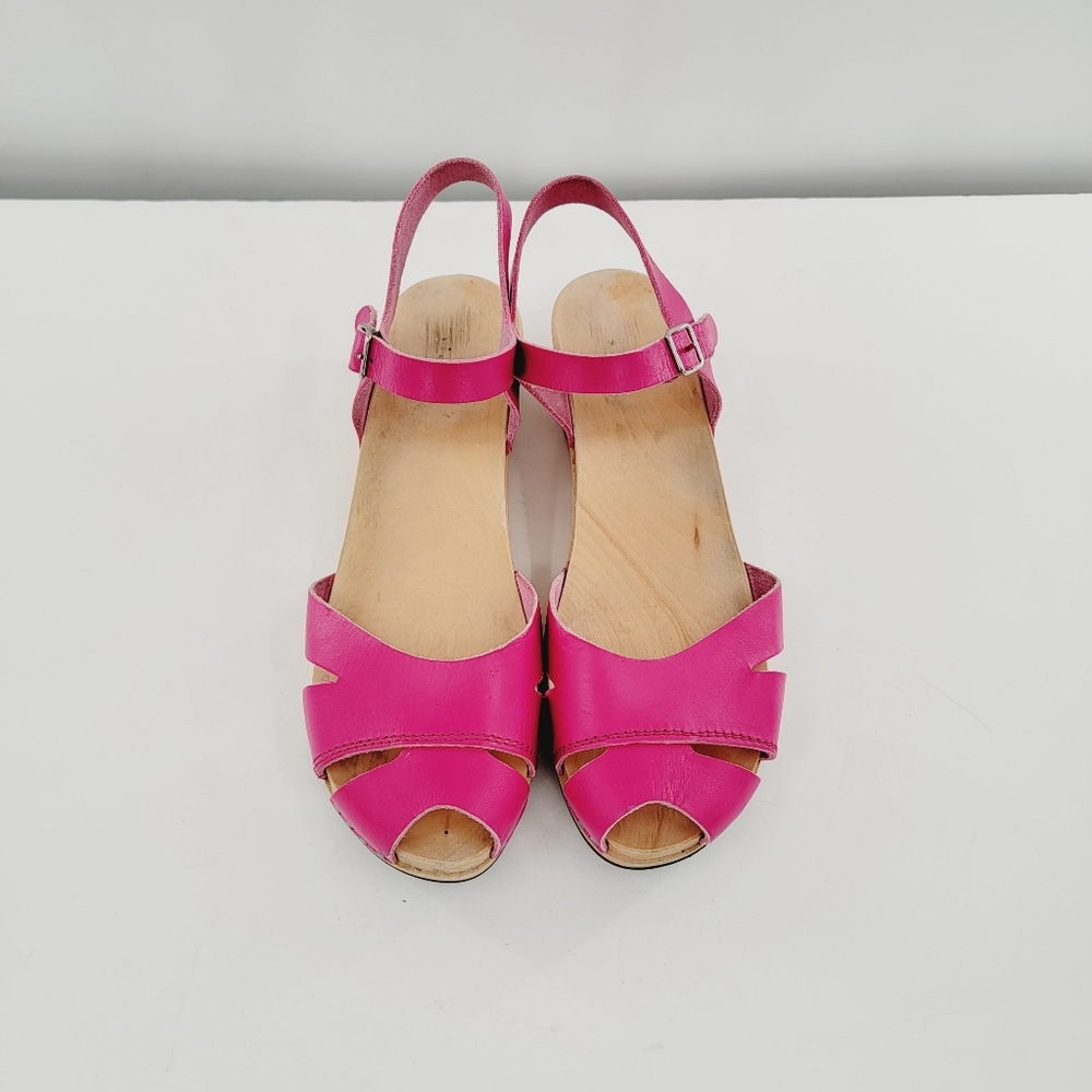 Swedish Hasbeens Suzanne Hot Pink Peep Toe Sandal Clogs - Picture 16 of 16